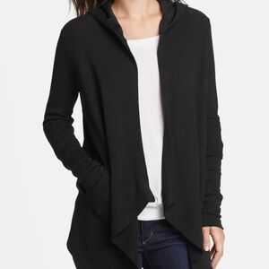 Splendid Black Waffle Knit Thermal Hooded Open Cardigan Size S Small